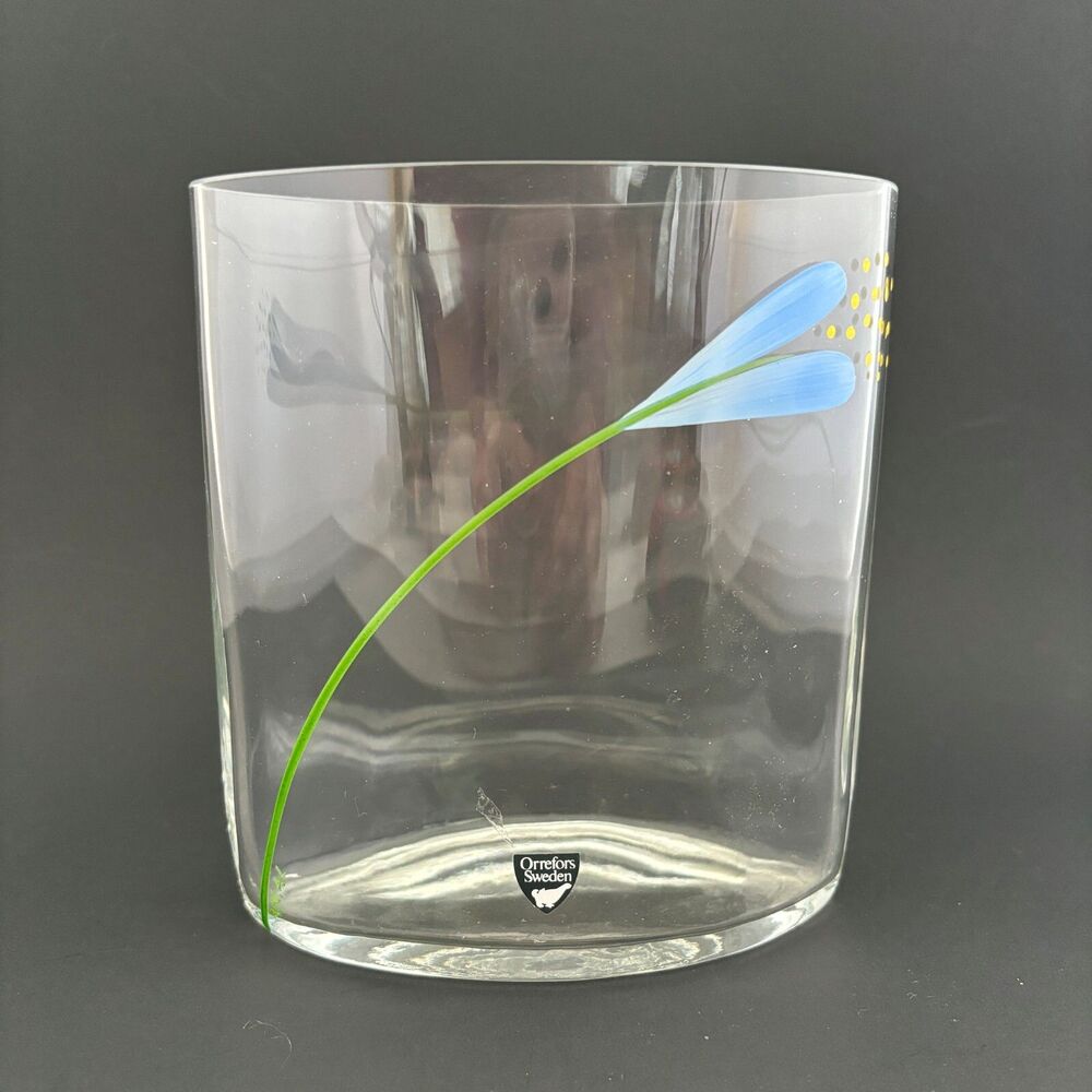 Orrefors Sweden Crystal Vase Signed Hand Painted Crocus Flower Mid Century Oval